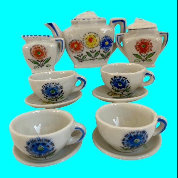Vtg Doll Dishes, Doll Tea Set, Toy Tea Set, Tiny Dishes, Miniature Teaset 13 pcs - Picture 1 of 10